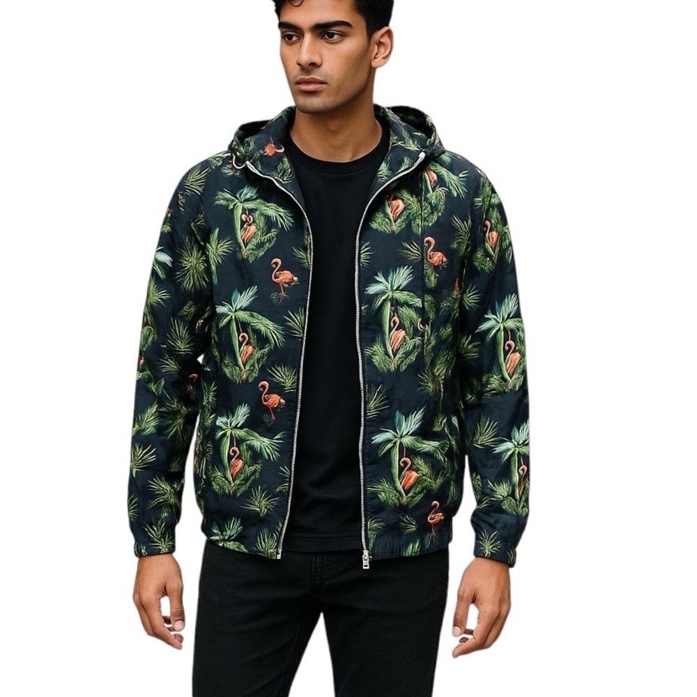 Denim & Flower Large Tropical Lightweight Zip Jacket Windbreaker Hooded Cotton